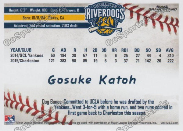 2016 Charleston RiverDogs Gosuke Katoh Back of Card