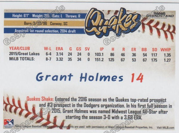 2016 Rancho Cucamonga Quakes Grant Holmes Back of Card