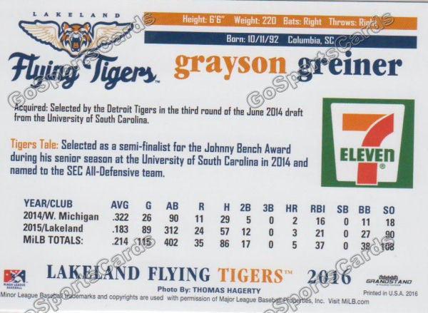 2016 Lakeland Flying Tigers Grayson Greiner Back of Card