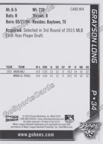 2016 Burlington Bees Grayson Long  Back of Card