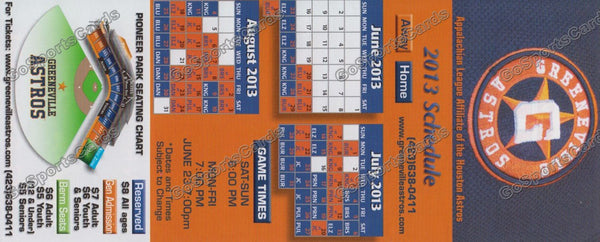 2013 Greeneville Astros Pocket Schedule (Flat)