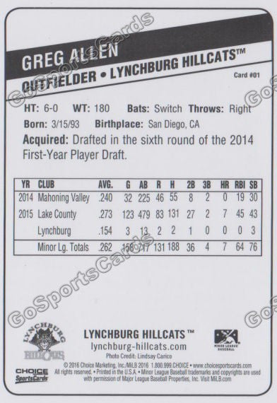 2016 Lynchburg Hillcats Greg Allen  Back of Card