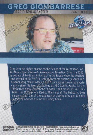 2016 Lakewood BlueClaws Greg Giombarrese Back of Card