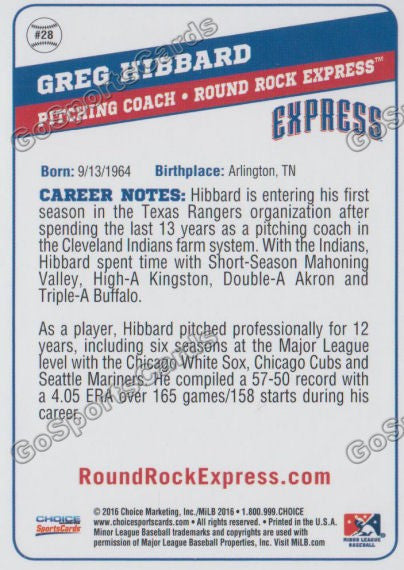2016 Round Rock Express Greg Hibbard Back of Card