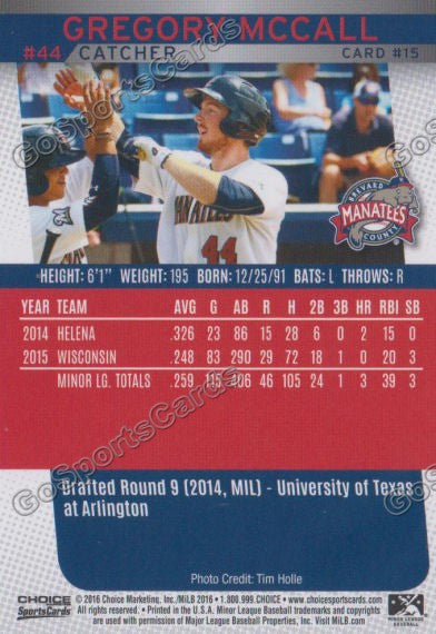 2016 Brevard County Manatees Greg Gregory McCall Back of Card