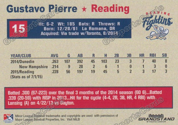 2015 Reading Fightin Phils Update Gustavo Pierre  Back of Card