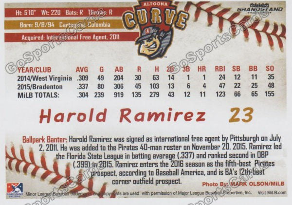 2016 Altoona Curve Harold Ramirez Back of Card