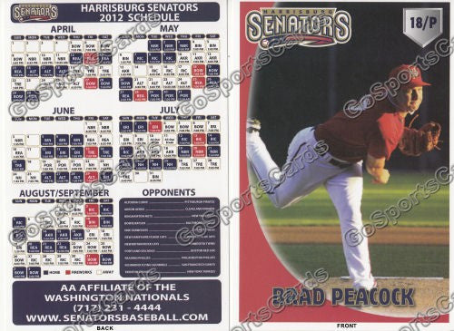 2012 Harrisburg Senators 4x6 Schedule Card (Brad Peacock)