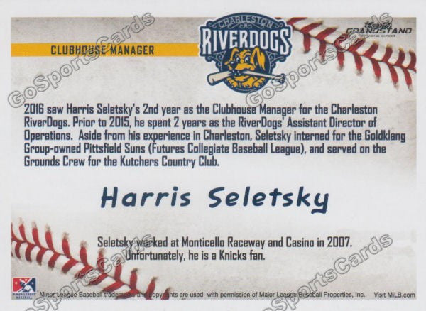 2016 Charleston RiverDogs Harris Seletsky Back of Card