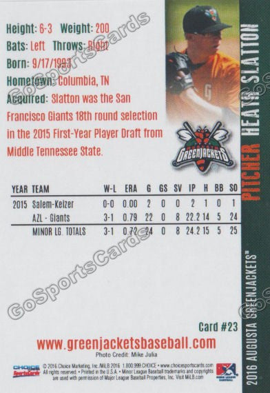2016 Augusta Greenjackets Heath Slatton Back of Card