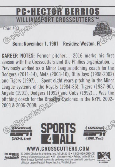 2016 Williamsport Crosscutters Hector Berrios Back of Card