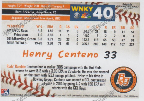 2016 Bowling Green Hot Rods Henry Centeno Back of Card