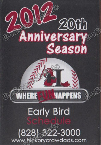 2012 Hickory Crawdads Pocket Schedule 20th Anniversary Early Bird