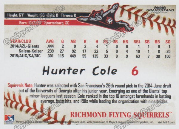 2016 Richmond Flying Squirrels Hunter Cole Back of Card
