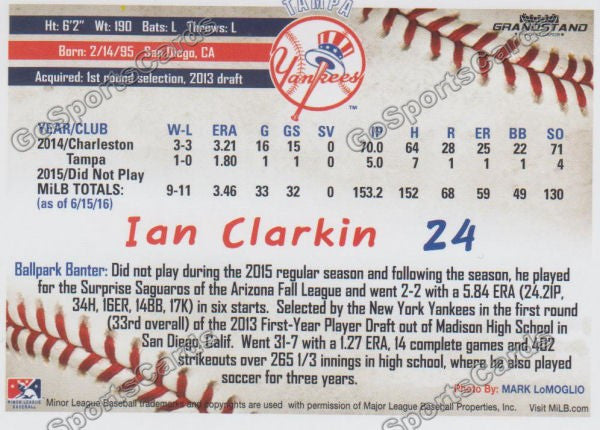 2016 Tampa Yankees Ian Clarkin Back of Card