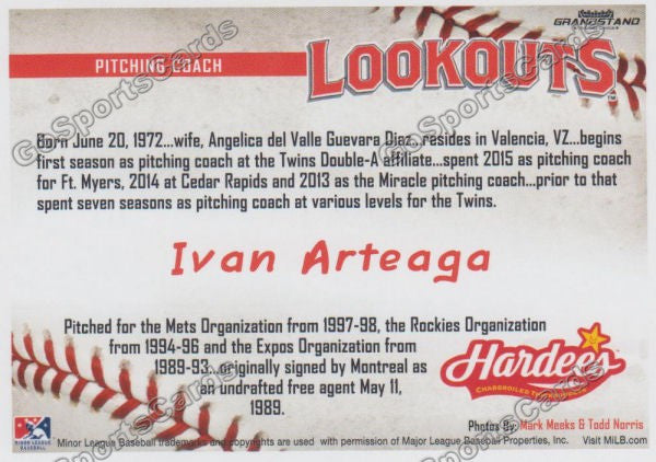 2016 Chattanooga Lookouts Ivan Arteaga  Back of Card
