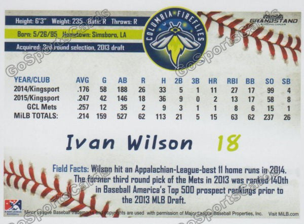 2016 Columbia Fireflies Ivan Wilson Back of Card