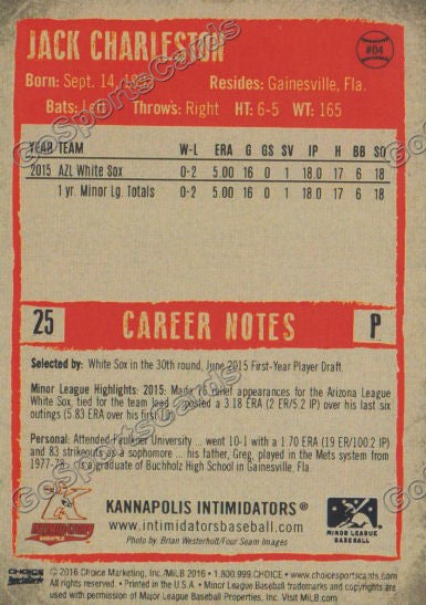  2016 Kannapolis Intimidators Jack Charleston Back of Card