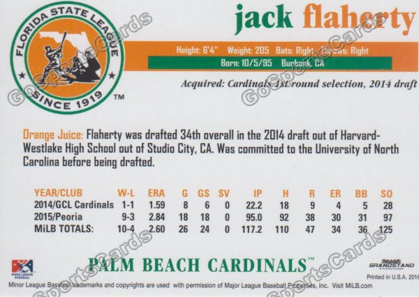 2016 Florida State League Top Prospect FSL Jack Flaherty Back of Card