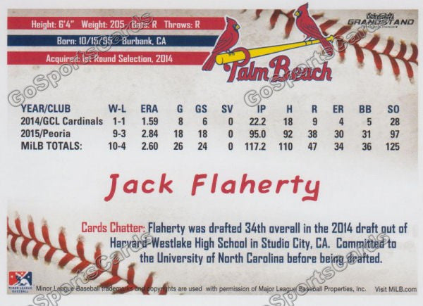 2016 Palm Beach Cardinals Jack Flaherty  Back of Card