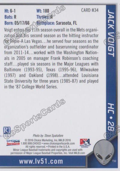 2016 Las Vegas 51s Jack Voigt  Back of Card