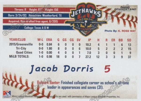 2016 Lancaster JetHawks Jacob Dorris Back of Card