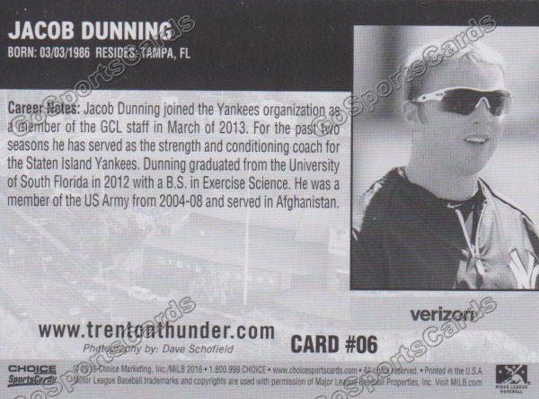 2016 Trenton Thunder Jacob Dunning Back of Card