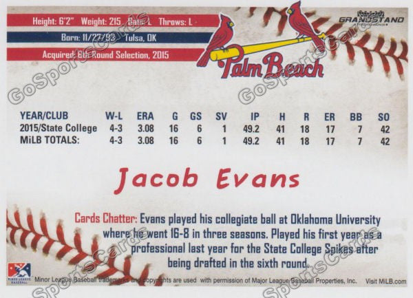 2016 Palm Beach Cardinals Jacob Evans  Back of Card