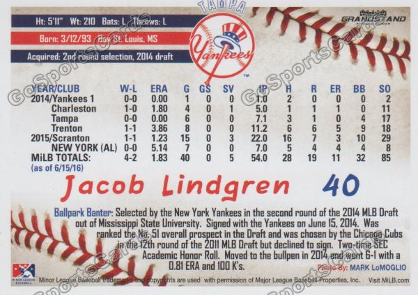 2016 Tampa Yankees Jacob Lindgren Back of Card