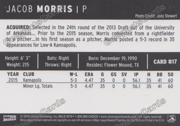 2016 Winston Salem Dash Jacob Morris Back of Card