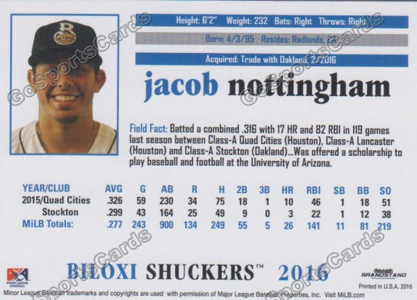 2016 Biloxi Shuckers Jacob Nottingham Back of Card