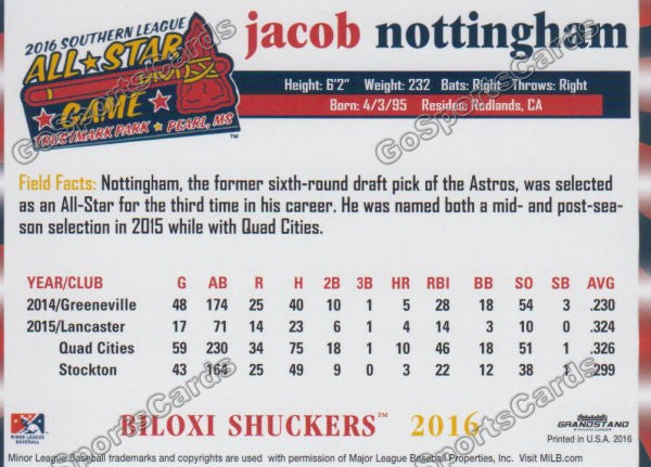 2016 Southern League All Star S Jacob Nottingham Back of Card