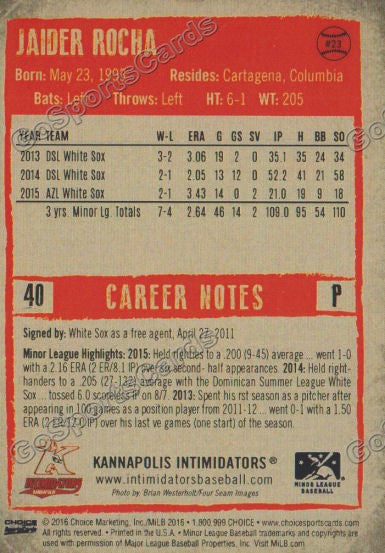  2016 Kannapolis Intimidators Jaider Rocha Back of Card