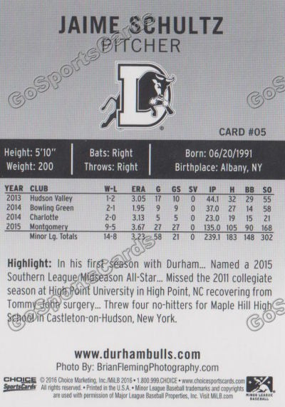  2016 Durham Bulls Jaime Schultz Back of Card