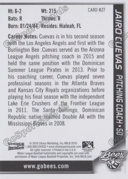 2016 Burlington Bees Jairo Cuevas  Back of Card