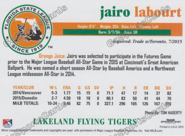 2016 Florida State League Top Prospect FSL Jairo Labourt Back of Card