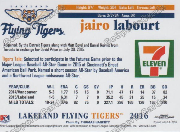 2016 Lakeland Flying Tigers Jairo Labourt Back of Card