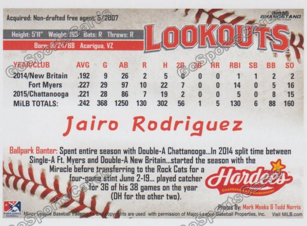 2016 Chattanooga Lookouts Jairo Rodriguez  Back of Card