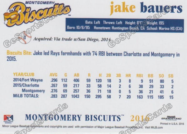2016 Montgomery Biscuits Jake Bauers  Back of Card