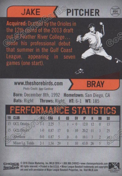 2016 Delmarva Shorebirds Jake Bray  Back of Card