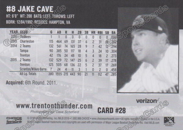 2016 Trenton Thunder Jake Cave Back of Card