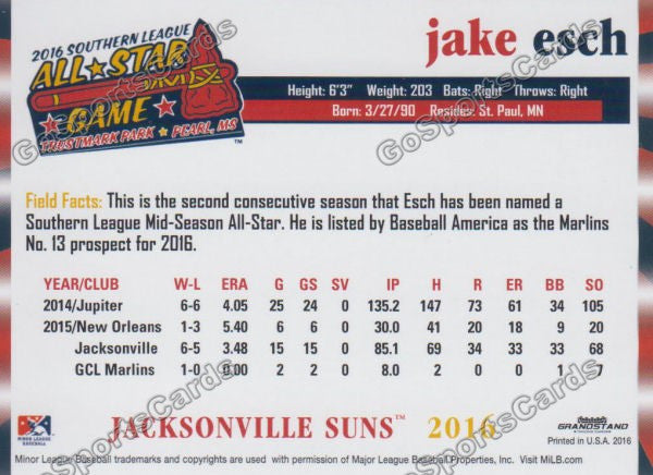 2016 Southern League All Star S Jake Esch Back of Card