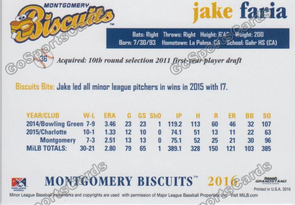 2016 Montgomery Biscuits Jake Faria  Back of Card