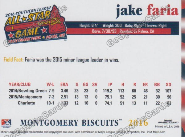 2016 Southern League All Star N Jake Faria Back of Card