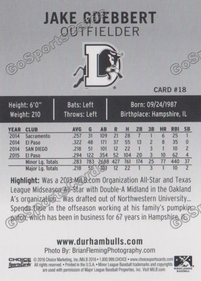  2016 Durham Bulls Jake Goebbert Back of Card