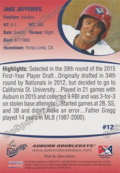 2016 Auburn Doubledays Jake Jefferies Back of Card