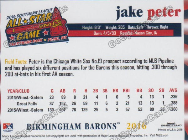 2016 Southern League All Star N Jake Peter Back of Card