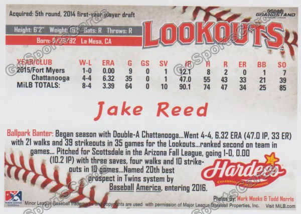 2016 Chattanooga Lookouts Jake Reed  Back of Card