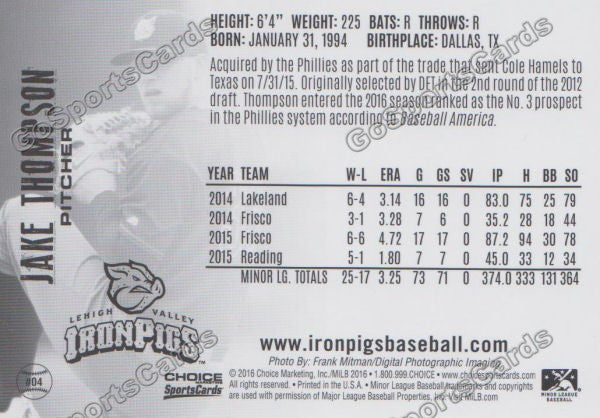 2016 Lehigh Valley IronPigs Jake Thompson Back of Card