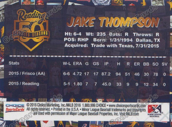 2016 Reading Fightin Phils Top Prospect 25 Jake Thompson  Back of Card